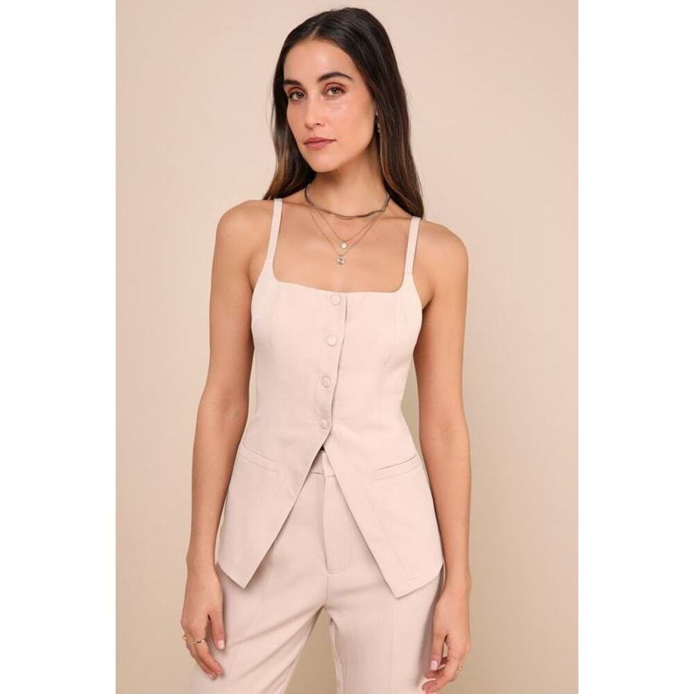 Lulus Chic Muse Beige Button-Front Cami Vest Top … - image 1